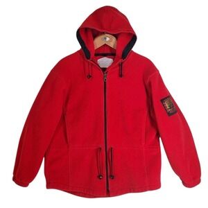 Vtg Woolrich Fleece Jacket Hooded Zip Up Mens M Red Outdoor Patch Y2K USA Made
